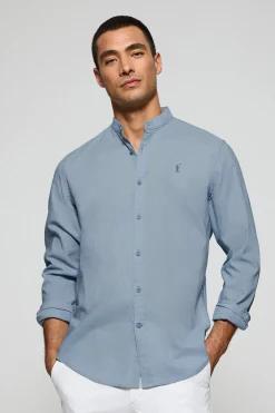 Camisa azul celeste de cuello mao de lino y algodón con bordado Rigby Go