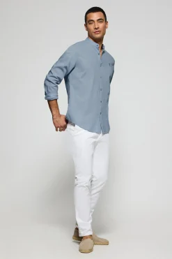 Camisa azul celeste de cuello mao de lino y algodón con bordado Rigby Go