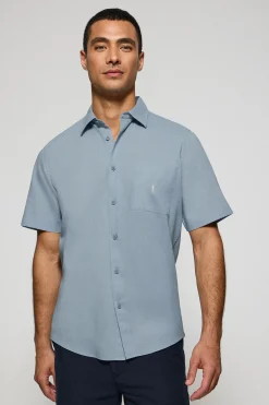 Camisa azul celeste de manga corta de lino y algodón con bordado Rigby Go