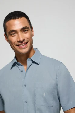 Camisa azul celeste de manga corta de lino y algodón con bordado Rigby Go