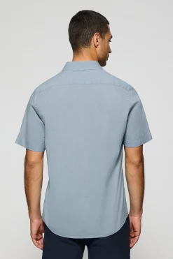 Camisa azul celeste de manga corta de lino y algodón con bordado Rigby Go
