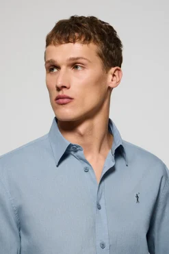 Camisa azul celeste regular de lino y algodón con bordado Rigby Go