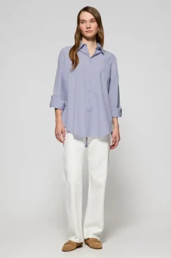 Camisa azul claro Samanta de algodón a rayas con logo bordado