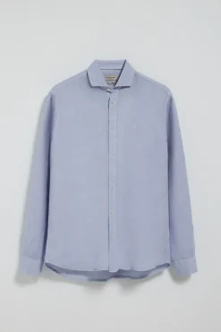 Camisa azul de lino garment dye con bordado Rigby Best
