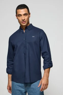 Camisa azul marino de lino y algodón regular fit con logo bordado
