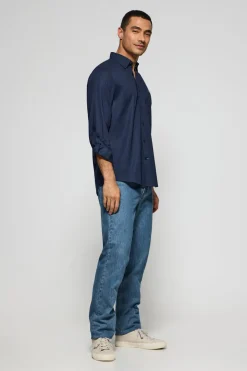 Camisa azul marino de lino y algodón regular fit con logo bordado