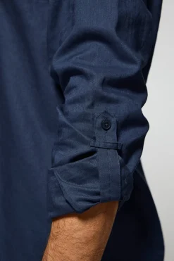 Camisa azul marino de lino y algodón regular fit con logo bordado