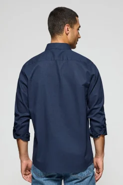 Camisa azul marino de lino y algodón regular fit con logo bordado