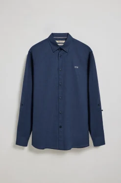 Camisa azul marino de lino y algodón regular fit con logo bordado