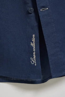 Camisa azul marino de lino y algodón regular fit con logo bordado