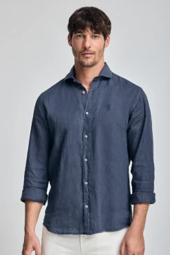 Camisa azul marino de lino garment dye con bordado Rigby Best