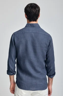 Camisa azul marino de lino garment dye con bordado Rigby Best