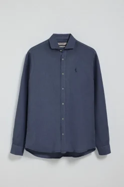 Camisa azul marino de lino garment dye con bordado Rigby Best