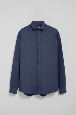 Camisa azul marino de lino garment dye con monograma bordado
