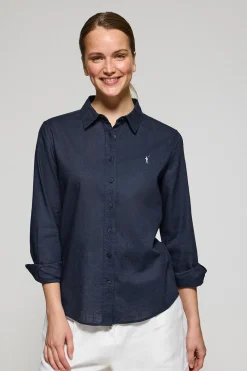 Camisa azul marino de lino y algodón regular fit con bordado Rigby Go