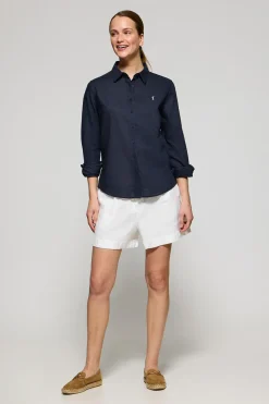 Camisa azul marino de lino y algodón regular fit con bordado Rigby Go