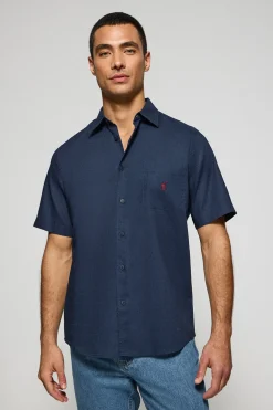 Camisa azul marino de manga corta de lino y algodón con bordado Rigby Go