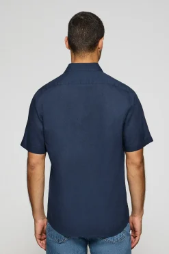 Camisa azul marino de manga corta de lino y algodón con bordado Rigby Go