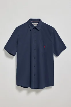 Camisa azul marino de manga corta de lino y algodón con bordado Rigby Go
