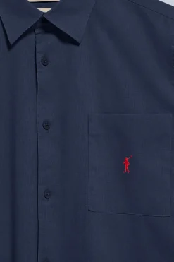 Camisa azul marino de manga corta de lino y algodón con bordado Rigby Go