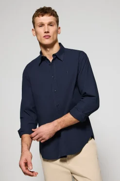 Camisa azul marino de popelín garment dye con bordado Rigby Go