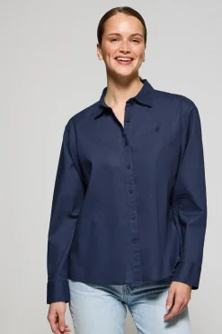 Camisa azul marino loose fit de lino y algodón con monograma bordado