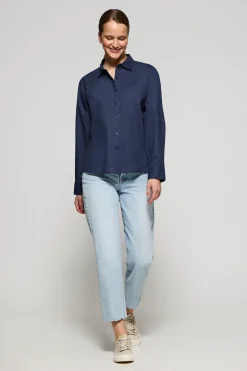 Camisa azul marino loose fit de lino y algodón con monograma bordado