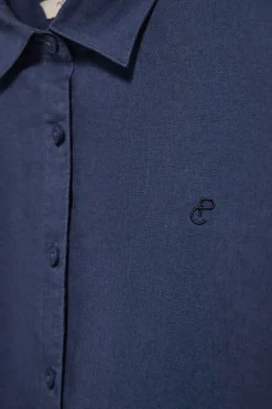 Camisa azul marino loose fit de lino y algodón con monograma bordado