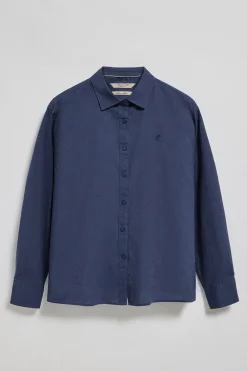 Camisa azul marino loose fit de lino y algodón con monograma bordado