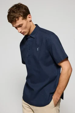 Camisa azul marino polera de lino y algodón con bordado Rigby Go