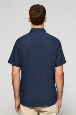 Camisa azul marino polera de lino y algodón con bordado Rigby Go