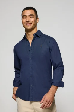Camisa azul marino regular de lino y algodón con bordado Rigby Go