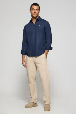 Camisa azul marino regular de lino y algodón con bordado Rigby Go