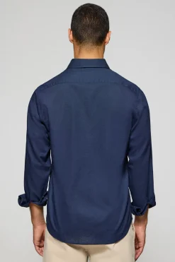 Camisa azul marino regular de lino y algodón con bordado Rigby Go