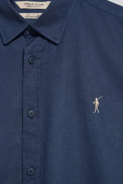 Camisa azul marino regular de lino y algodón con bordado Rigby Go