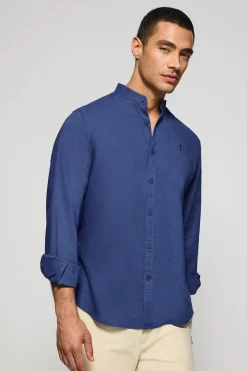 Camisa azul royal de cuello mao de lino y algodón con bordado Rigby Go