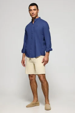 Camisa azul royal de cuello mao de lino y algodón con bordado Rigby Go