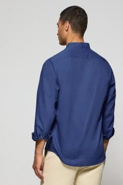 Camisa azul royal de cuello mao de lino y algodón con bordado Rigby Go