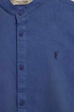Camisa azul royal de cuello mao de lino y algodón con bordado Rigby Go