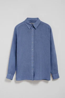 Camisa azul royal garment dye de lino con monograma bordado