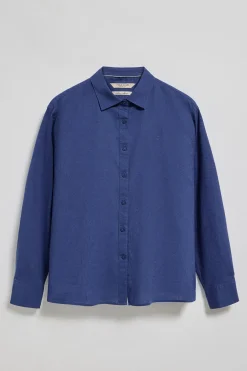 Camisa azul royal loose fit de lino y algodón con monograma bordado