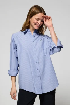 Camisa azul Samanta de algodón a rayas con logo bordado