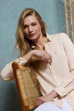 Camisa beige de lino y algodón con detalle bordado Rigby Go