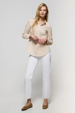 Camisa beige de lino y algodón con detalle bordado Rigby Go