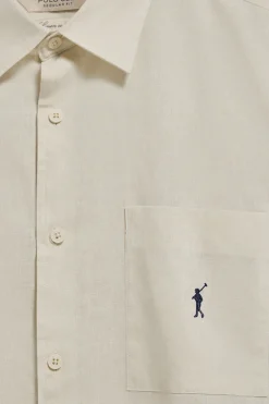Camisa beige de manga corta de lino y algodón con bordado Rigby Go