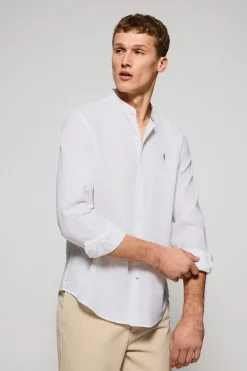 Camisa blanca de cuello mao de lino y algodón con bordado Rigby Go