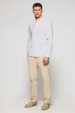 Camisa blanca de cuello mao de lino y algodón con bordado Rigby Go
