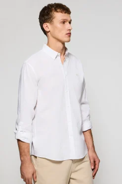 Camisa blanca de lino y algodón regular fit con logo bordado