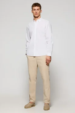 Camisa blanca de lino y algodón regular fit con logo bordado