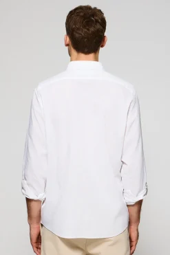 Camisa blanca de lino y algodón regular fit con logo bordado